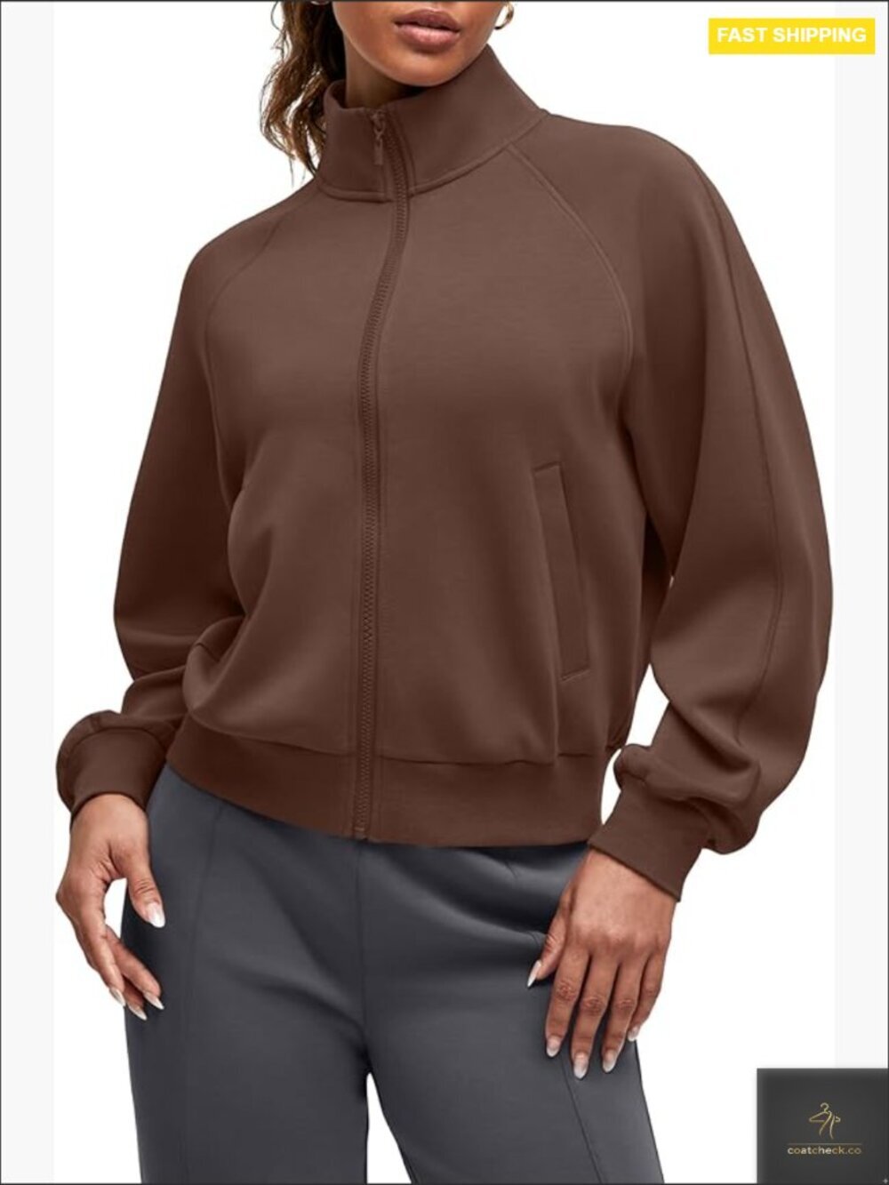 Modal Knit Zip Up Jacket Mock Neck Casual Loose Fit with Pockets